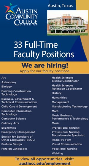 AWESOME Teaching opportunities at one of the best colleges in #Texas: 33 Full-time #Faculty Positions. 
View and Apply Here: tinyurl.com/y7dop25f 
#professorjobs #facultyjobs #texasjobs #austin #highered #higheredjobs