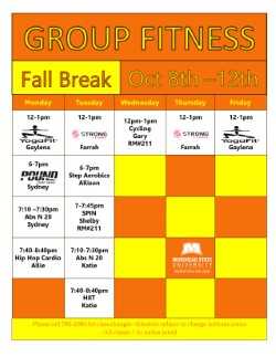 MSU_RecWellness's tweet photo. Fall Break is Thursday (10/11) and Friday (10/12). Don't forget about the Rec Center's adjusted hours and Group Fitness schedule! https://t.co/Eo5Mbf6x3H