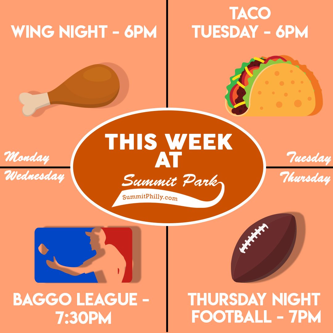 SummitPhilly's tweet photo. Check out what is happening this week at the clubhouse! Monday - Wing Night Tuesday - Taco Tuesday Wednesday - Baggo League Thursday - Thursday Night Football #manayunk #roxborough #philly #summitphilly #wings #tacos #margaritas #tacotuesday #baggo #football https://t.co/l1kIkQYwLL