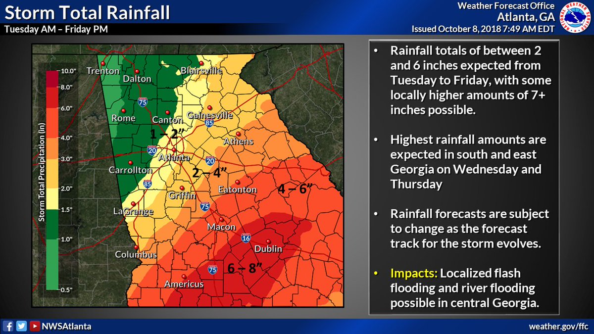 NWSAtlanta's tweet photo. Here is a look at the peak wind and rainfall total forecasts for #Michael over our area. Keep in mind that, due to uncertainties in the track of the storm, these forecasts could be subject to change. Please continue to monitor for the latest forecast information. #gawx https://t.co/8cMk7g6CVw