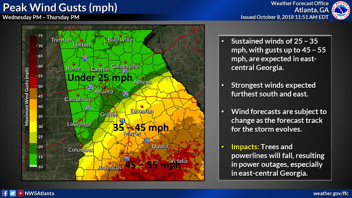 NWSAtlanta's tweet photo. Here is a look at the peak wind and rainfall total forecasts for #Michael over our area. Keep in mind that, due to uncertainties in the track of the storm, these forecasts could be subject to change. Please continue to monitor for the latest forecast information. #gawx https://t.co/8cMk7g6CVw