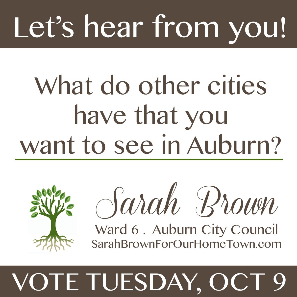 PlainsmanPromos's tweet photo. City Council candidate Sarah Brown wants to know what you hope to see in Auburn. https://t.co/hjZeRbD51V