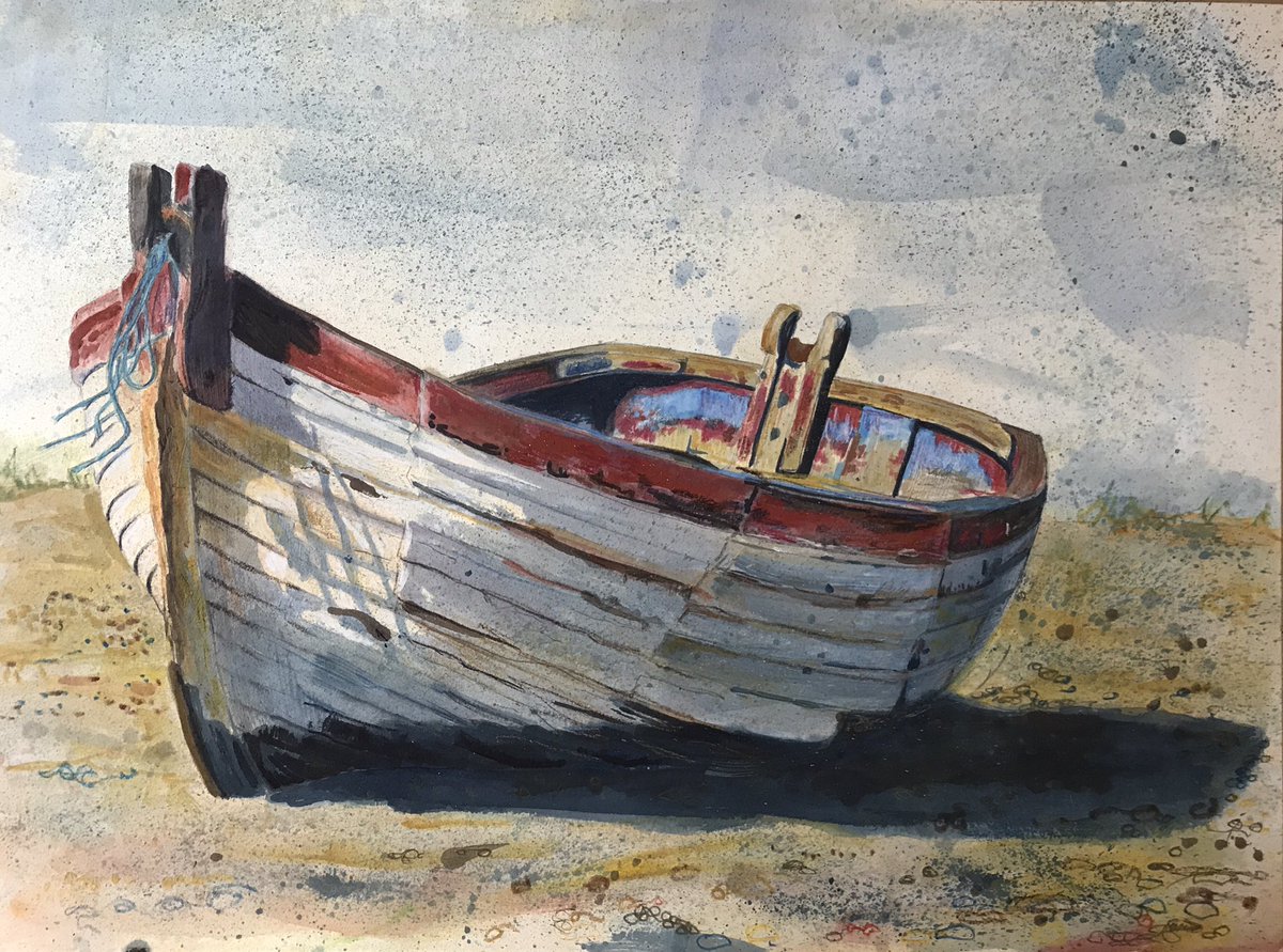 Update on my blotting paper experiment- I’m stopping because if I do any more the surface of the paper will fail. My next piece of paper is ready & it’s Bockingford! #painting #drawing #watercolour #blottingpaper #peelingpaint #coast #aldeburghbeach #boat #abandoned