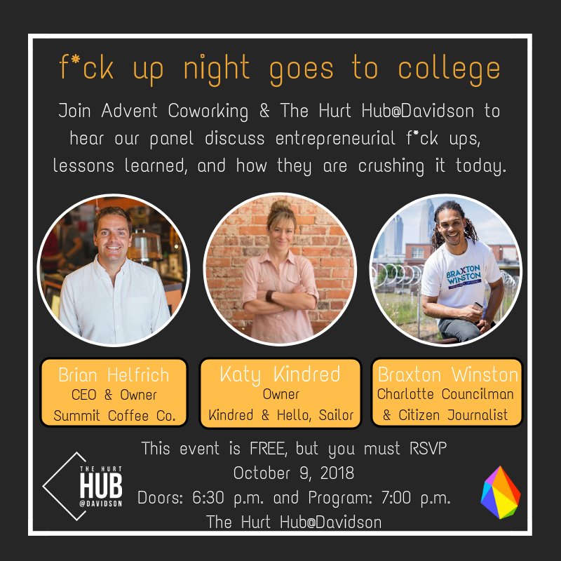 Tomorrow night is the night! If you haven't snagged your spot yet for our F*ck Up Night Goes to College event, do it soon as we are nearing capacity. We'll see you tomorrow (Oct. 9) <a href="/HurtHubDavidson/">The Hurt Hub@Davidson</a> to hear the good, the bad &amp; the ugly of entrepreneurship. bit.ly/2xDQ4TN