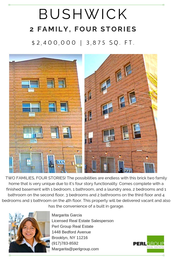 perl_group's tweet photo. TWO FAMILIES, FOUR STORIES &amp; A BUILT IN GARAGE! 3,875 SQ. FT. $2.4M #perlgroup #brooklynrealestate #nycrealestate #realestate #bushwick #brooklyn #nyc #forsale https://t.co/xcUTi5VfwO https://t.co/fVQyd240ZV