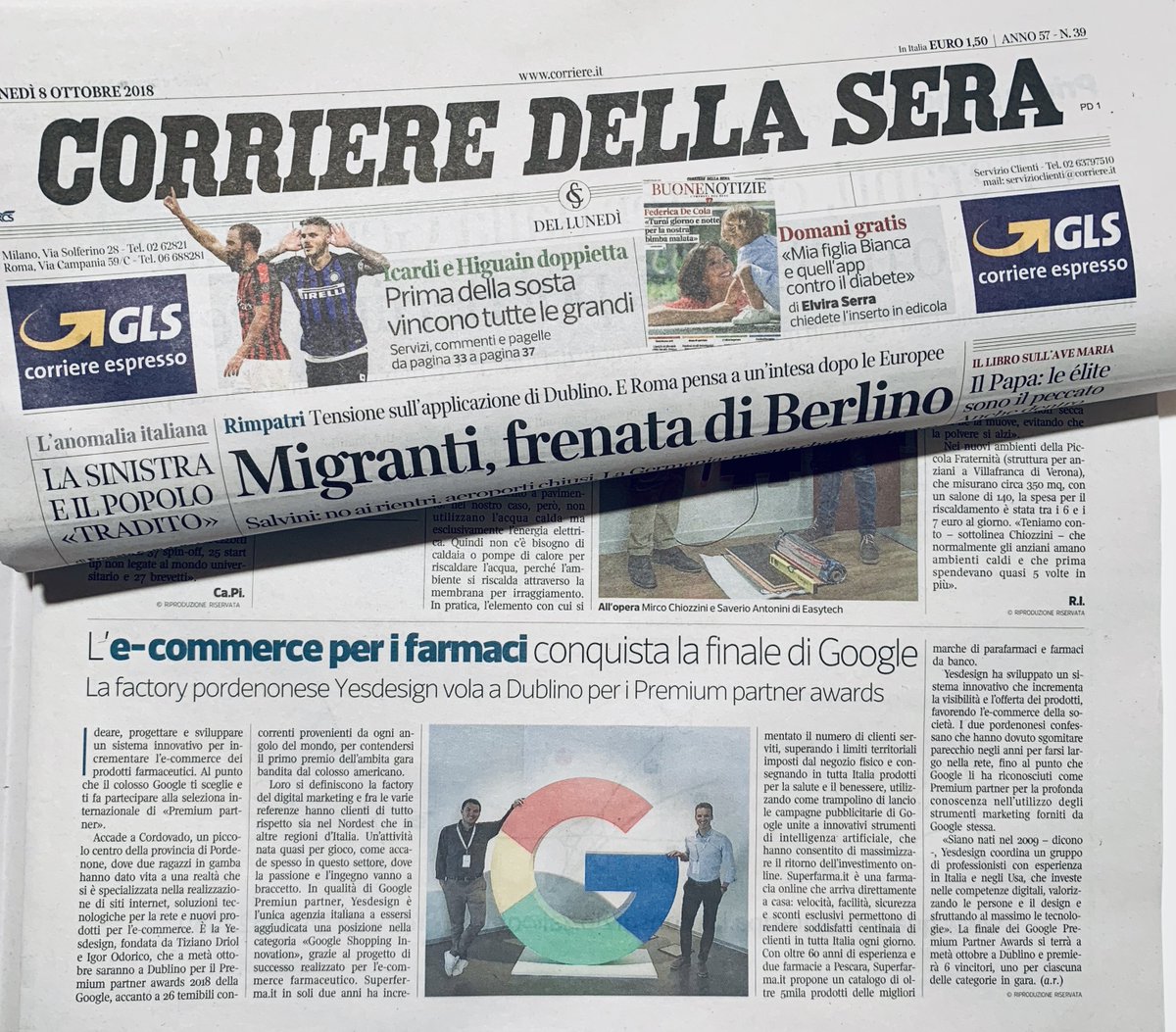 yesdesign's tweet photo. Oggi 8/10/2018 su “Il Corriere Della Sera”! 😀🎉Iniziamo alla grande la settimana! 😊
 
Scopri di più 👉🏻 https://t.co/zZ35b9xBWM

#gpAccelerate #PremierPartnerAwards #Google #YESdesign #YESdublin #corrieredellasera @Corriere #rcs https://t.co/OERXbj113Z
