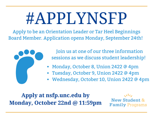 THB_UNC's tweet photo. Have questions about what its like to be a Tar Heel Beginnings Board Member or  an Orientation Leader?

Come to an info session to have all your questions answered!!  

#ApplyNSFP https://t.co/gqMoz5NcTY
