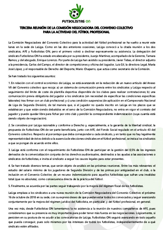 FutbolistasON's tweet photo. ⚽️ Comunicado sobre la tercera reunión de la Comisión Negociadora del Convenio Colectivo en la sede de @Laliga Seguimos avanzando y el próximo 16 de octubre volveremos con la confianza de empezar a cerrar ya algunos acuerdos que beneficien a todos los futbolistas.👌Pásalo... ⚽️ https://t.co/yFlBB7MVJT