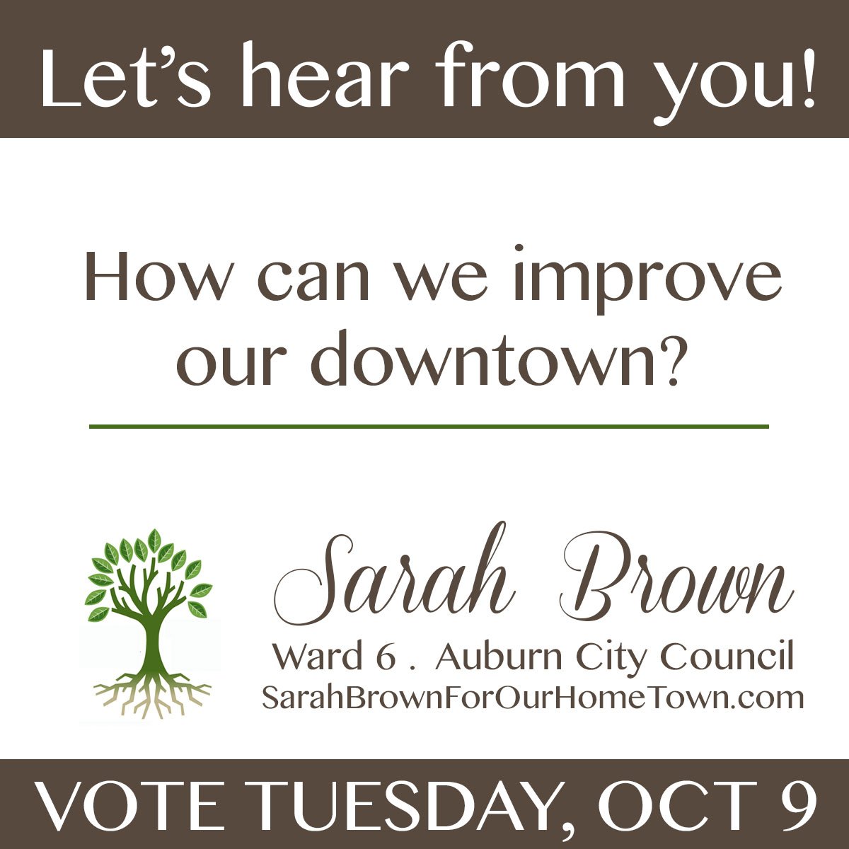 PlainsmanPromos's tweet photo. Ward 6 City Council candidate Sarah Brown wants to hear from you. https://t.co/Es023qLLyf