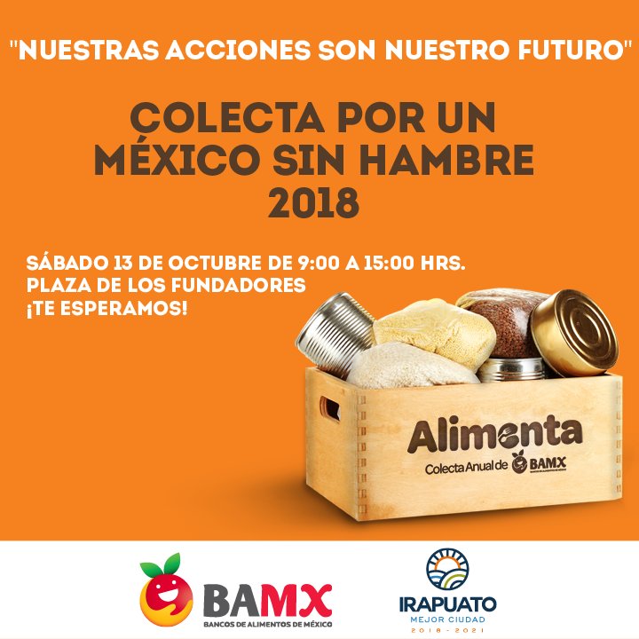 DSIrapuato's tweet photo. Te esperamos en la Plaza de los Fundadores este 13 de octubre a partir de las 9am para que dones una pequeña o gran aportación de alimentos enlatados, envueltos y no caducados que serán de gran ayuda para quien más lo necesita.  #DíaMunidialDeLaAlimentación 👨‍👩‍👧‍👦
#MejorCiudad 🍓 https://t.co/gblnNPO5zq