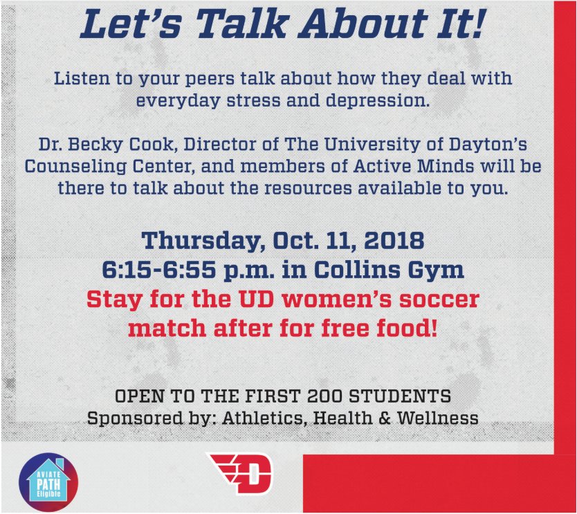 UDaytonOASSA's tweet photo. Looking for an awesome PATH point opportunity this week? Look no further than Collins Gym this Thursday at 6:15pm, followed by @daytonwsoccer! https://t.co/ZJVb1bSUo6