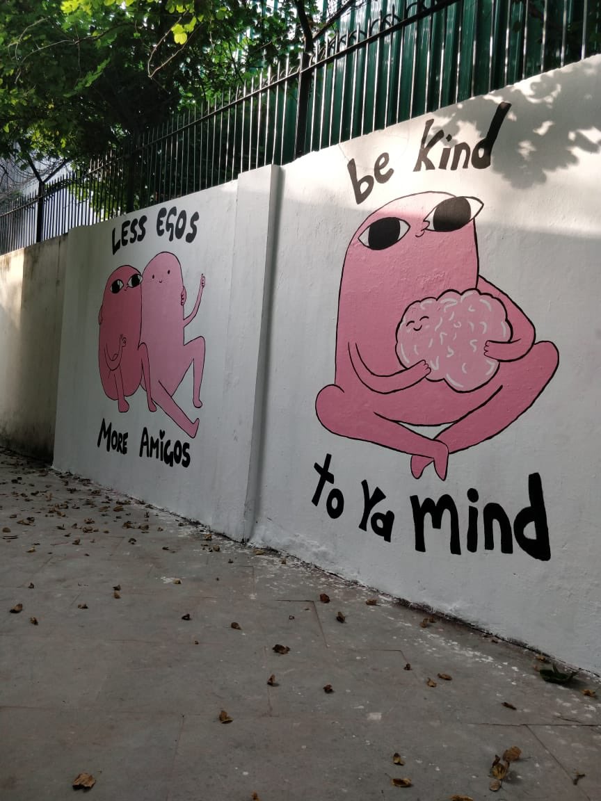 Ketnipz's tweet photo. An amazing College of Arts and Commerce in New Delhi made my work in to wall art on their campus! So awesome that they wanted to use the bean to spread some positivity ❤️ mad grateful!! https://t.co/FK1wosuqlQ