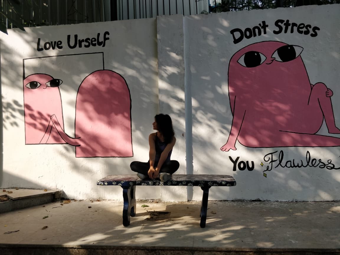 Ketnipz's tweet photo. An amazing College of Arts and Commerce in New Delhi made my work in to wall art on their campus! So awesome that they wanted to use the bean to spread some positivity ❤️ mad grateful!! https://t.co/FK1wosuqlQ