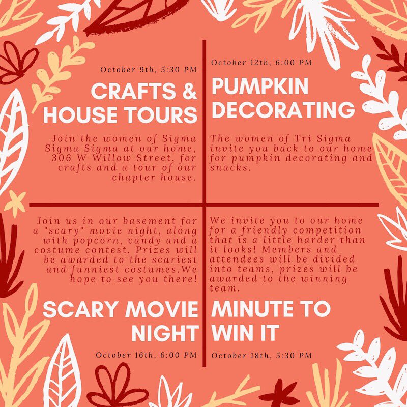 TriSigmaEO's tweet photo. Come join us for a spooktacular time at our informal recruitment events this week + next week! 🎃👻 https://t.co/IcrxAskAAM