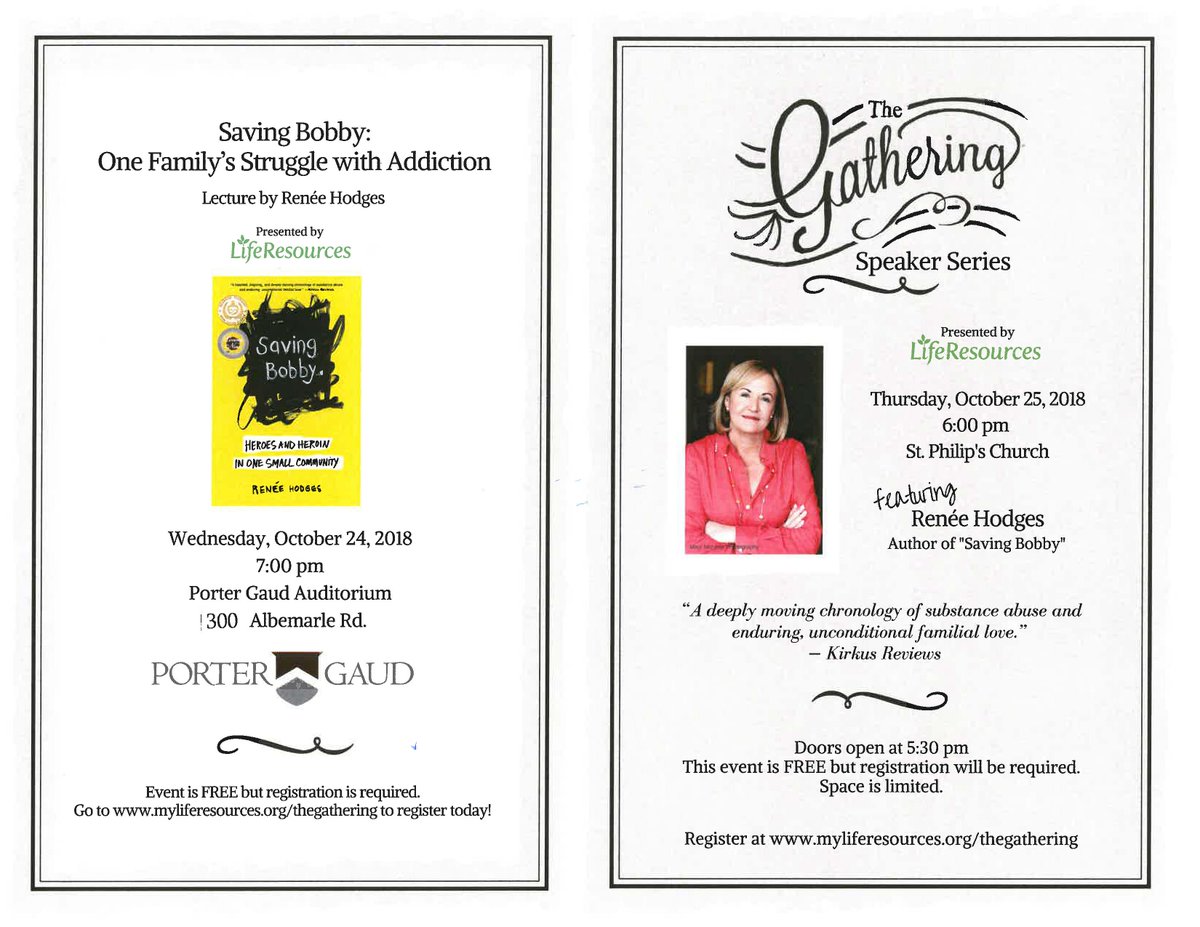 MountPleasantPD's tweet image. Renee Hodges will present a lecture on one family's struggle with addiction. Events are free but registration is required! Oct. 24th at Porter Gaud Auitorium or Oct. 25 at St. Phillip's Church. #mtpsc