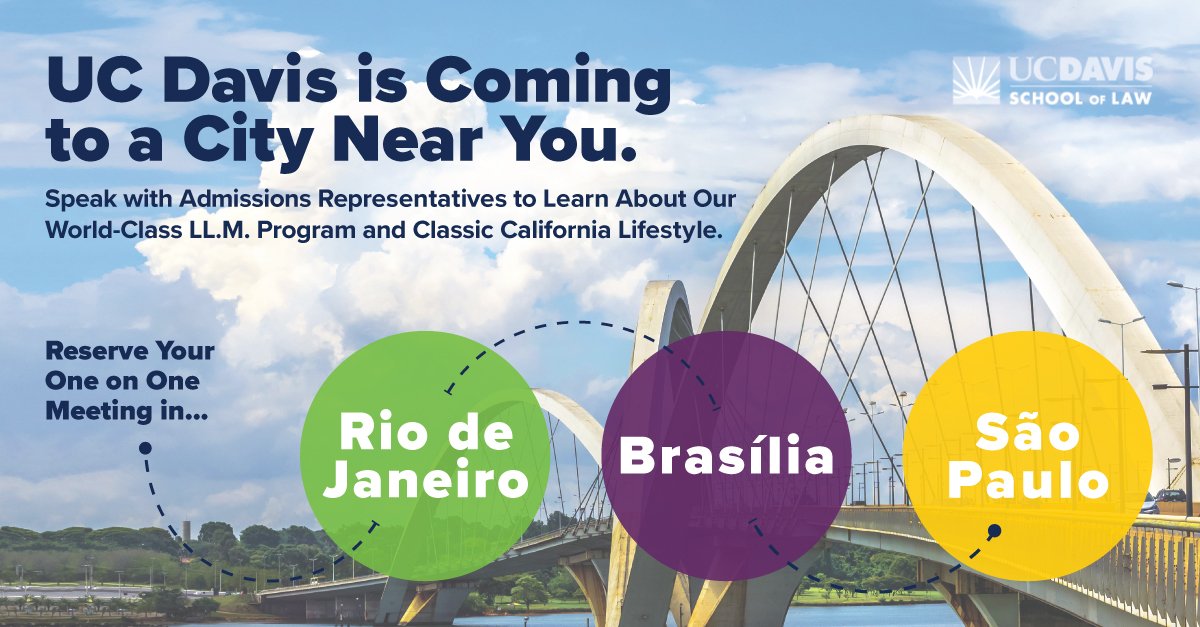 UCDavisLawIntl's tweet photo. Our admissions team will be in 3 Brazilian cities this month, and you can schedule an appointment to meet with our admissions team, and learn more about our innovative graduate LL.M. program! Event details: https://t.co/PHRYYqVeQa #BrazilLegalEd #BrazilEd https://t.co/lwoaF69GYA