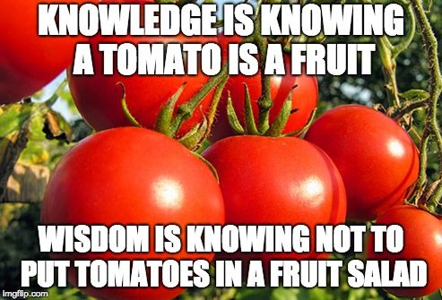 NEFoods's tweet photo. Knowledge is knowing a tomato is a fruit. Wisdom is knowing not to put tomatoes in a fruit salad. #restaurantquote #quoteoftheday #tomatolover https://t.co/xfItypRLQK