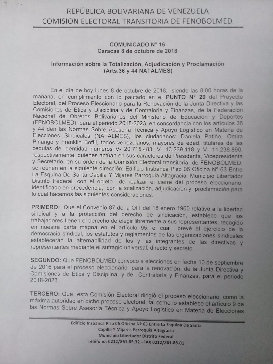 Fenobolmedweb's tweet photo. Buenas tardes,  se publica el comunicado n°16 INFORMACIÓN SOBRE LA TOTALIZACION,  ADJUDICACIÓN Y PROCLAMACIÓN DEL ACTO ELECTORAL DE FENOBOLMED  DEL DÍA 2 DE OCTUBRE DE 2018 https://t.co/3FntY2ajfD