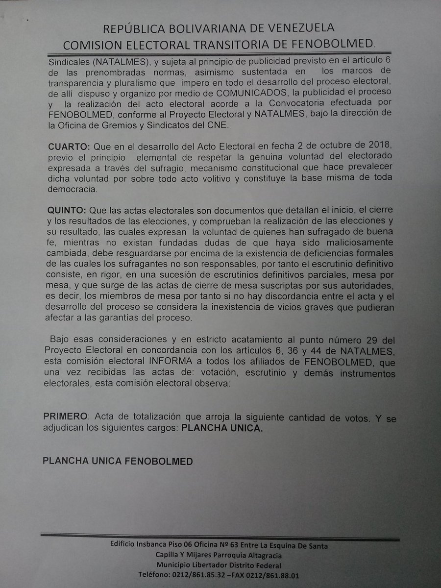 Fenobolmedweb's tweet photo. Buenas tardes,  se publica el comunicado n°16 INFORMACIÓN SOBRE LA TOTALIZACION,  ADJUDICACIÓN Y PROCLAMACIÓN DEL ACTO ELECTORAL DE FENOBOLMED  DEL DÍA 2 DE OCTUBRE DE 2018 https://t.co/3FntY2ajfD