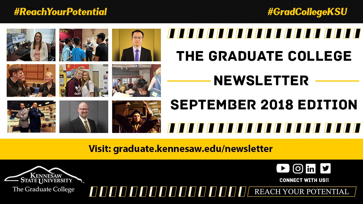 gradcollegeksu's tweet photo. The September Edition of The Graduate Newsletter is now live! Visit https://t.co/Vht66f7aDc to read how our Faculty, staff, and students are #ReachingTheirPotential!
#gradcollegeksu #ReachYourPotential #kennesawstate #KSU @kennesawstate https://t.co/dX1bMv0Xxf