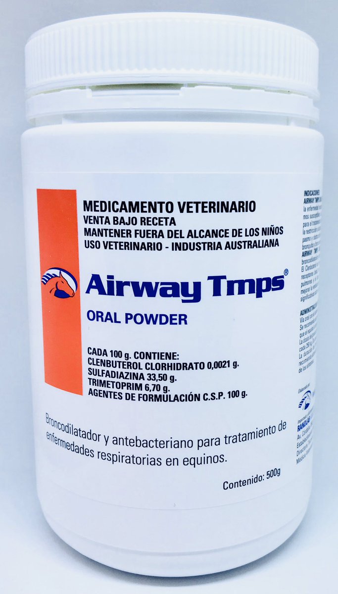 RandlabArg's tweet image. Airway Tmps - Polvo Oral
Broncodilatador y antibacteriano para el tratamiento de enfermedades respiratorias de los equinos.
Contenido neto: 500 g

Fórmula: 
Cada 100 g contiene:
Clenbuterol Clorhidrato   0,0021 g
Sulfadiazina 33,50 g 
Trimetoprim   6,70 g