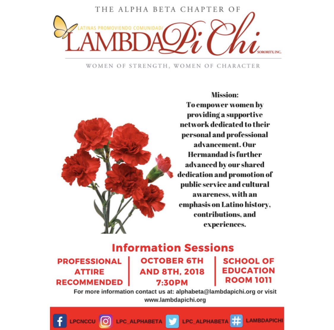 lpc_alphabeta's tweet image. TONIGHT ❤️🙅🏽🦋💛 We would like to invite all interested women to our information sessions. Come learn, mingle, and see if being a Pi Chi women is a good fit for you 🔥 🔥All women are welcome regardless of background. #AlphaBeta #LambdaPiChi #NCCU
