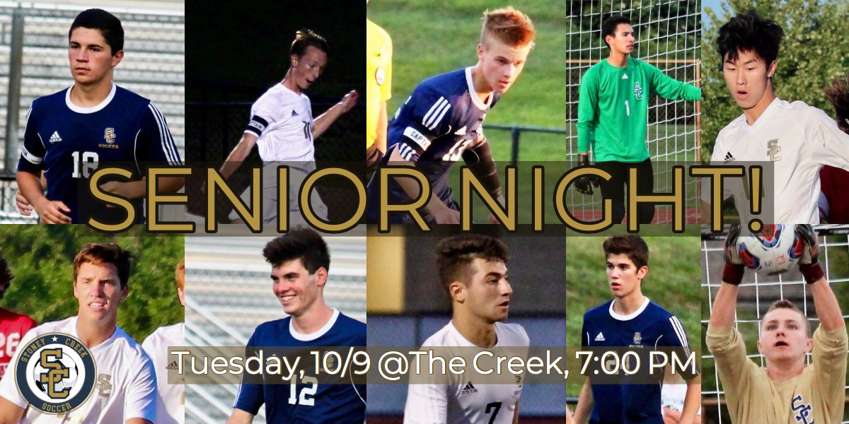Senior Night! Tuesday Oct. 9th. 7:00 pm. Get out to the Creek and send the boys out right! <a href="/SCHS_Core/">SCHS Core</a> @cougars_stoney @DSoccerCentral <a href="/PRL301/">Phil Ryan Leon</a> <a href="/Adamjohns202/">Adam Johns</a> @evan_wilson11 @ChaustreJorge <a href="/Brandonkimmm/">BK</a> <a href="/Reid_MG/">reidmg_</a> <a href="/AlexVitale24/">Alex Vitale</a> <a href="/ZackB777/">Zack Bosanac</a> <a href="/tyler_h1234/">Tyler Hicks</a> @CowdreyJared