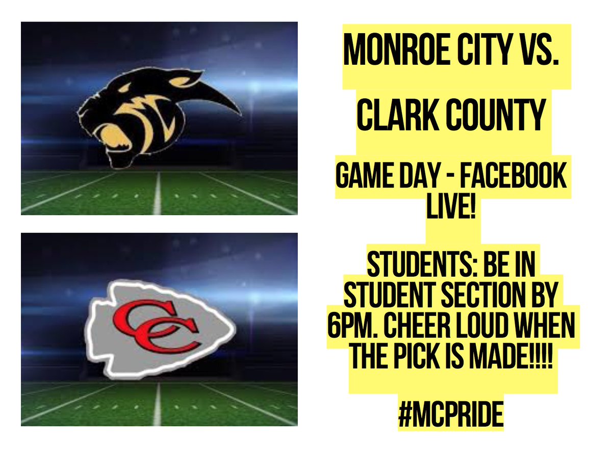MonroeCityHigh's tweet photo. This Friday’s Football Game Day - Facebook Live! Student Section needs to get there early! #MCPRIDE https://t.co/RXZjRigObH