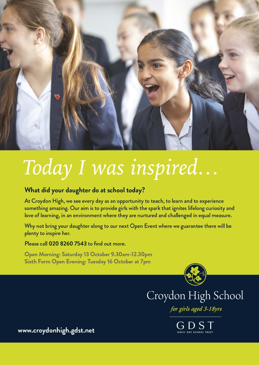 Considering independent education for your daughter? Visit <a href="/CroydonHigh/">Croydon High School</a> Open Morning on Saturday 13th October 9.30am - 12.30pm <a href="/VisitCroydon/">Visit Croydon</a> @GDST #independentschool #Inspire