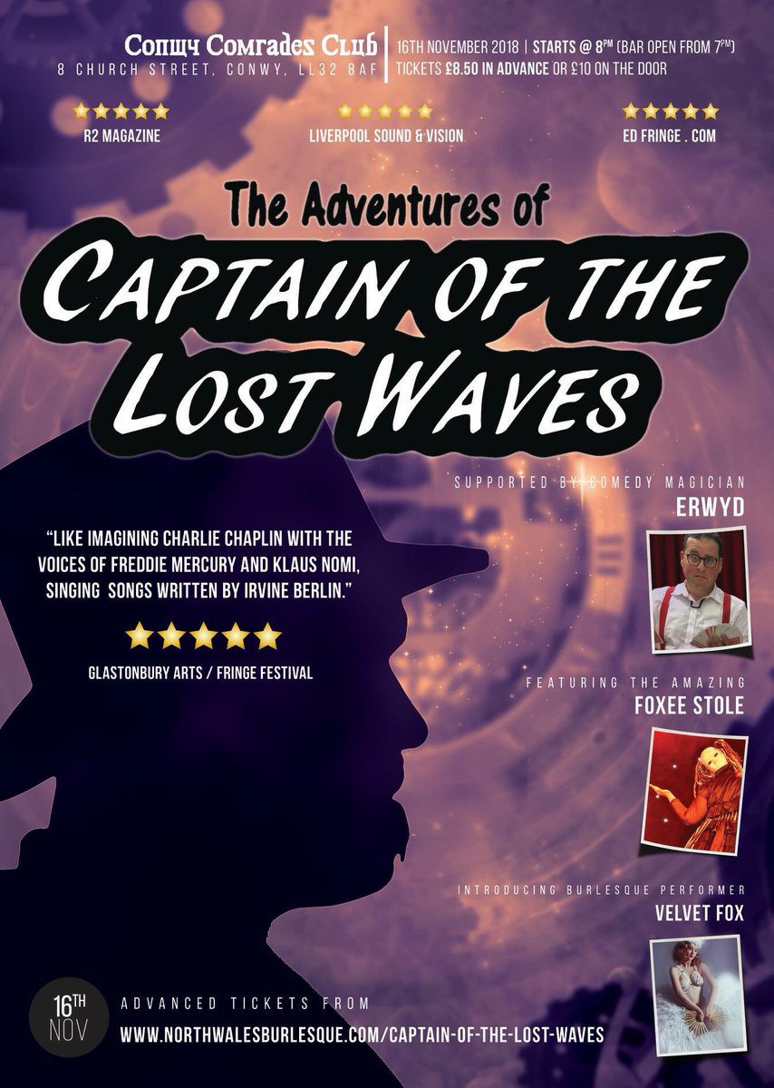 BurlesqueWales's tweet photo. Join us on Friday 16th November at Conwy Comrades Club for the Adventures of Captain of the Lost Waves. Featuring acts from Erwyd, Foxee Stole, Velvet Fox and of course the Captain!

Tickets available here:
https://t.co/wJ8P7as5ra #nwbcf #burlesque #northwalestagram https://t.co/3flhtEHtsg