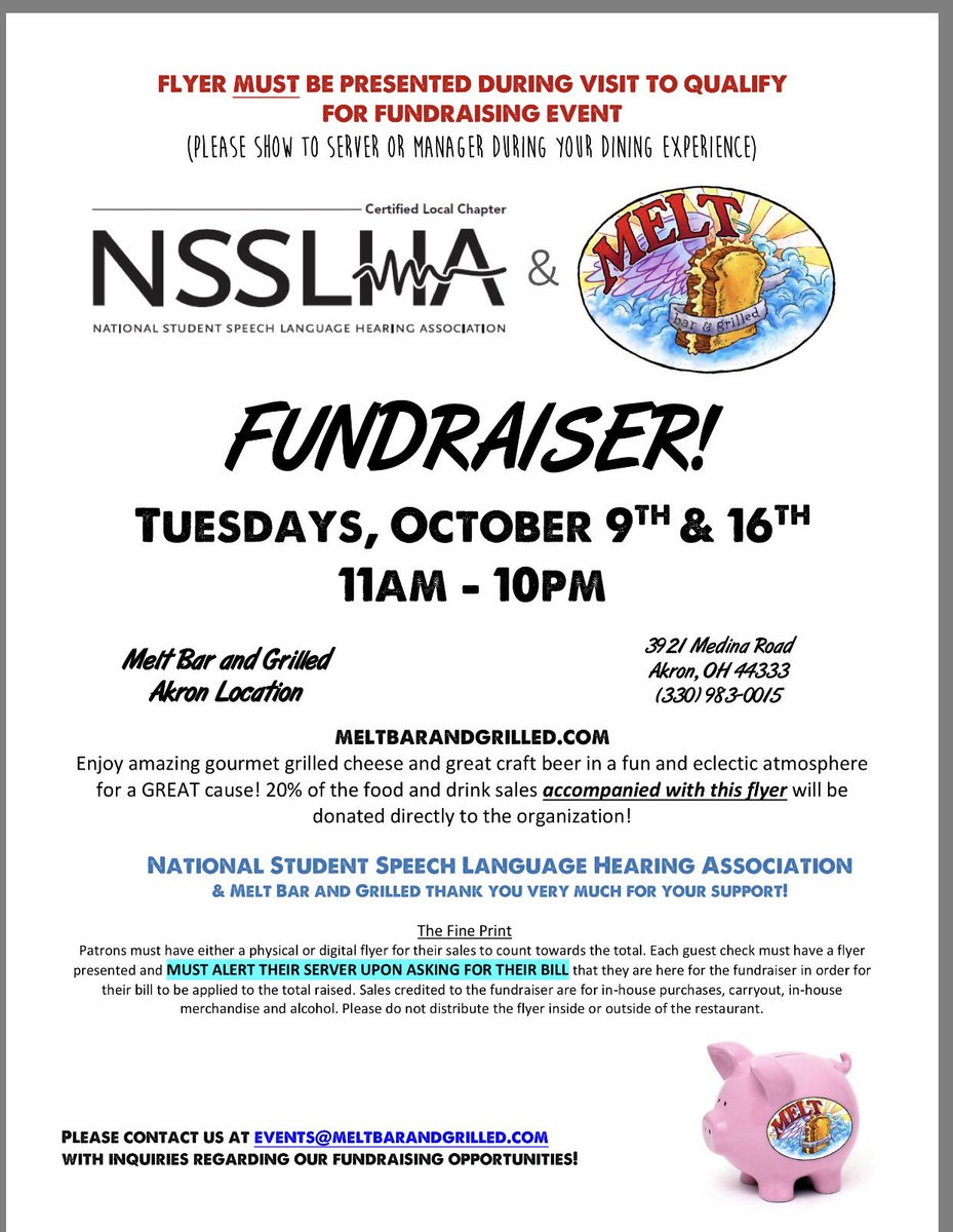 AkronNSSLHA's tweet photo. This week we have a Melt fundraiser tomorrow (Tuesday 10/9)! This is a great way to get a point &amp; have a yummy dinner! 
•
Show your waiter/waitress this flyer &amp; send the Akron NSSLHA email a picture of your receipt to get a point! https://t.co/hsTnsZhAGS