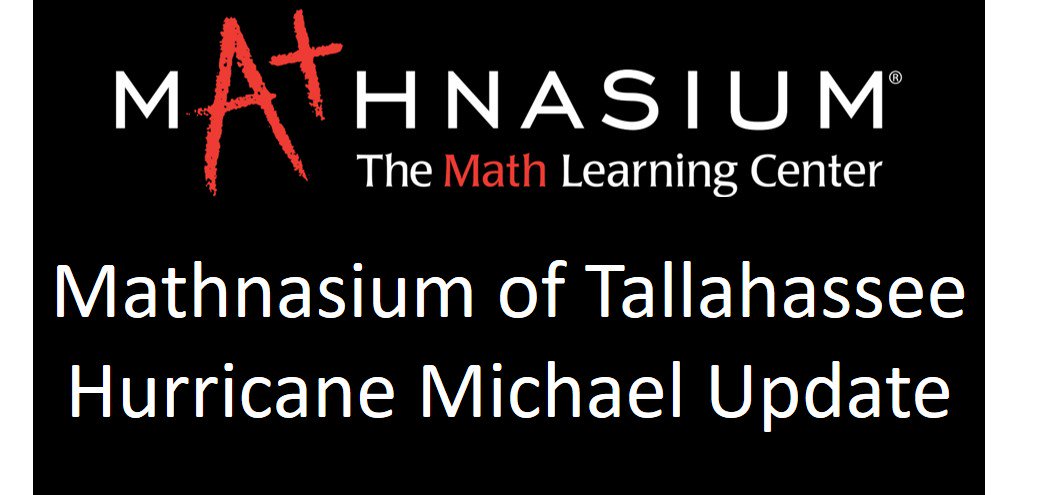 MathnasiumTLH's tweet photo. #MichaelTLH - Mathnasium of Tallahassee Updates: We will be open Monday, Oct. 8, 2:30 p.m. to 7:30 p.m. We will be closed Tuesday, Oct. 9, and Wednesday, Oct. 10, due to Hurricane Michael. Check for updates on our social media channels and website. https://t.co/fBg4b8tDia https://t.co/rnQV7lAboW