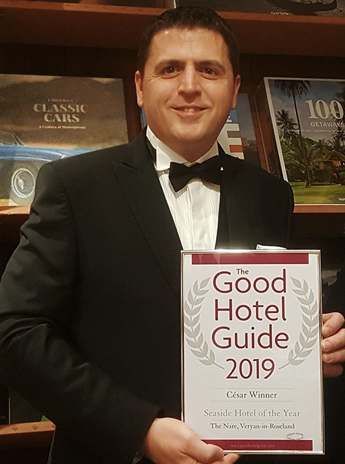 The Nare has been named "Best Seaside Hotel of the Year" by <a href="/GoodHotelGuide/">GoodHotelGuide</a>. Matthew Voyle has just collected this coveted César award in London. Only 10 awards are given each year and are highly valued because of the Guide’s reputation for independence - ow.ly/QPEu30m9cSy