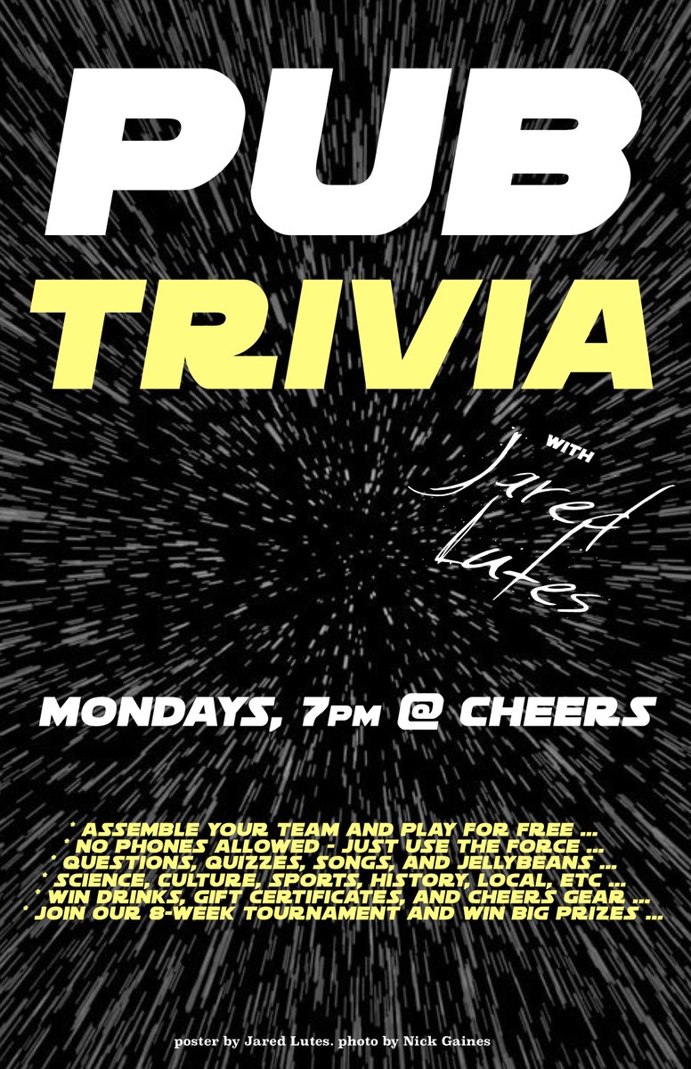 Yes! My Trivia is still on tonight at Cheers Beverage Room! Take a break from the house and the family I even have some Thanksgiving trivia in store. And this is only Week 2 of the tournament, so there's lots of time to still get your team on the board and accumulate points!