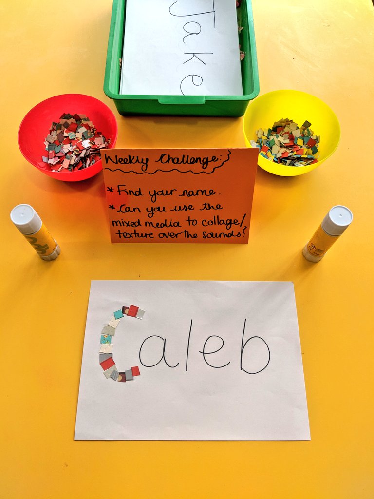 penguinsmissp's tweet photo. Creative fine motor mixed with a little phonics in the making area this week! Find/recognise your own name. Can you use the teeny mixed media to collage over the sounds?  Can you name the sounds as you go? Lots of prolonged focus here! #creativePD #phonics #literacy @MGPAcademy https://t.co/Ij7ffNglMQ
