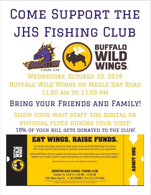 JCSD_Fishing's tweet photo. Please RT! The club is hosting a team Spirit Night this Wednesday (10/10) @BWWings on Merle Hay! Orders can be made by showing this ticket to your server! Dine in or carry out! 11am - Midnight! Team will be there around 6pm! Thank you for your support! https://t.co/cDaChSCOje