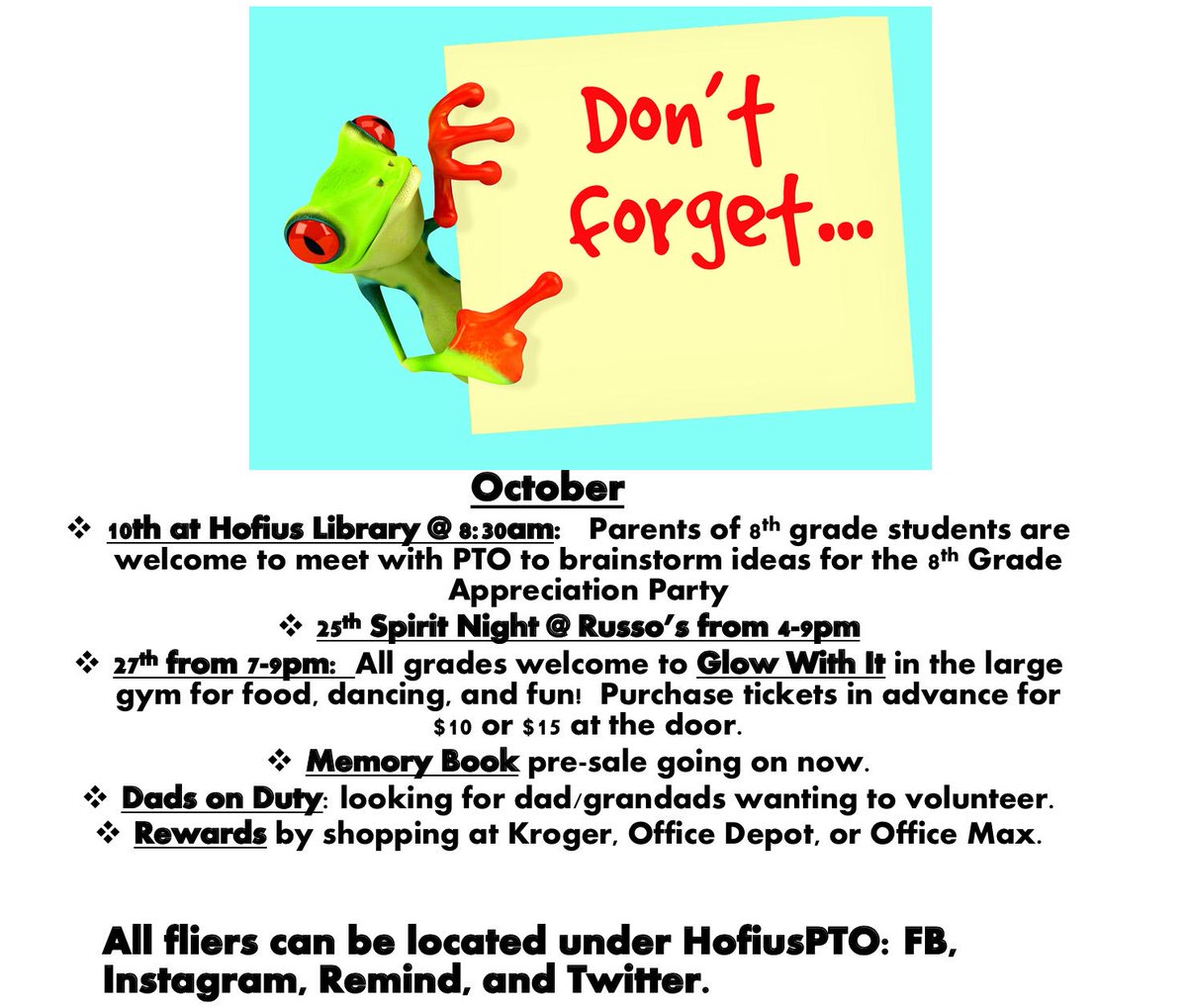 HofiusPto's tweet photo. Important October events to remember....
@ChristyAGoforth @paigecmoser @HofiusKISD #hofiuspto https://t.co/glxuomSFdO
