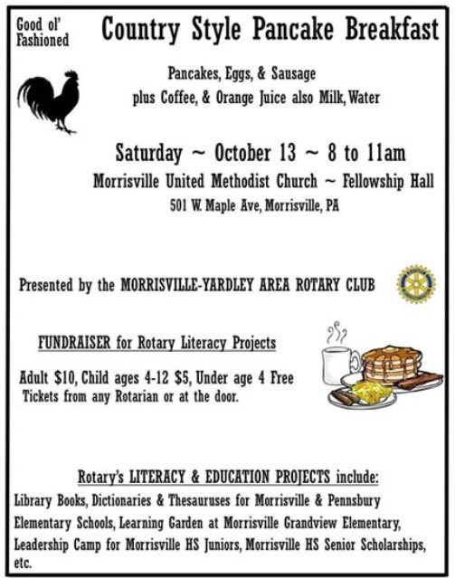 xterrors's tweet photo. #MorrisvillePa Rotary Pancake Breakfast Saturday 10/13. All are welcome, come join us for a hearty meal and support our local literacy projects! https://t.co/C5fWV28eUh