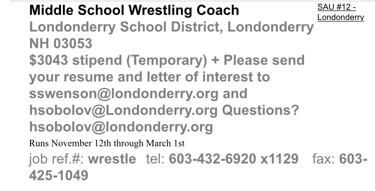 Reminder: looking for a Middle School coach.  Details below or DM for more info.

edjobsnh.com/Edj/front/scri…

<a href="/Doughboy_WC/">Doughboy Wrestling</a> <a href="/Gate_City/">Gate City Wrestling</a> <a href="/Gate_City/">Gate City Wrestling</a> <a href="/WrestlingNH/">WrestlingNH</a> <a href="/MassWrestlinHOF/">Mass Wrestling HOF</a> <a href="/MPALGryphons/">Gryphons Wrestling</a> <a href="/LondondrryPatch/">Londonderry NH Patch</a> <a href="/LondonderryTime/">Londonderry Times</a> <a href="/lon/">Lon()</a>