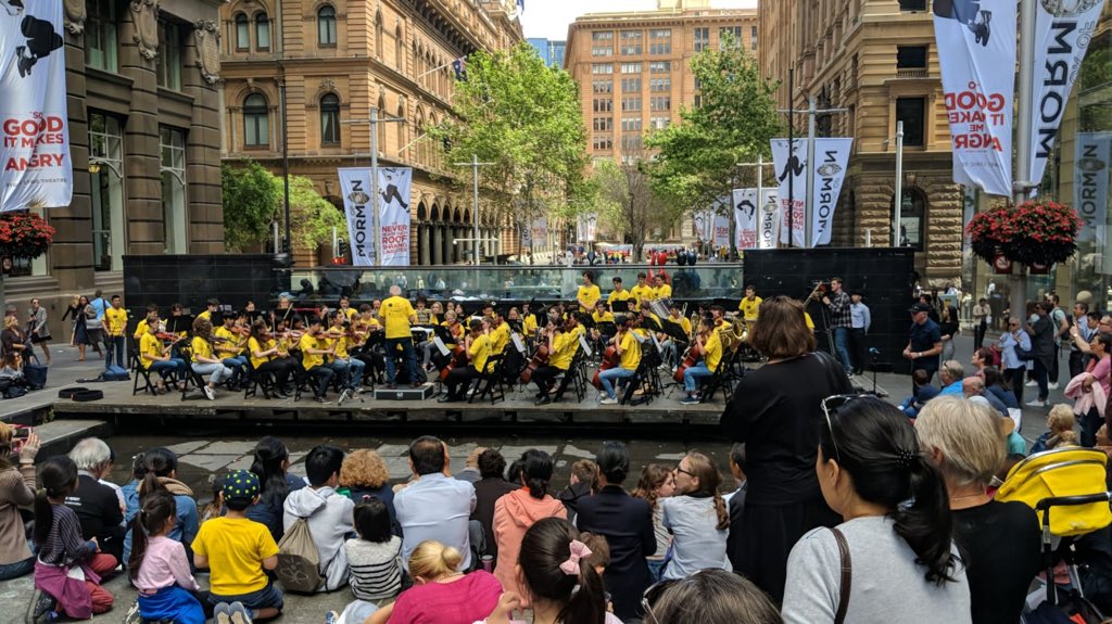 SYOrchestras's tweet image. We&apos;ve taken over Martin Place! @cityofsydney #thebigbusk
