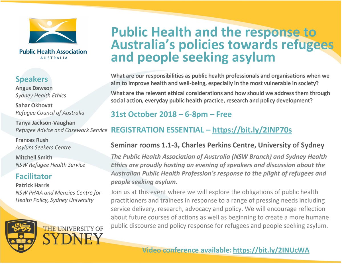 PHAA_NSW's tweet photo. Registrations are now open for our Public Health and refugee policy forum! https://t.co/oHggOt91N7 - Spaces limited!

6-8pm, 31 Oct @Sydney_Uni 

Join us to discuss how we can contribute to change policy and improve the lives of some of our most vulnerable, both here and offshore https://t.co/j5uqXXsGyi