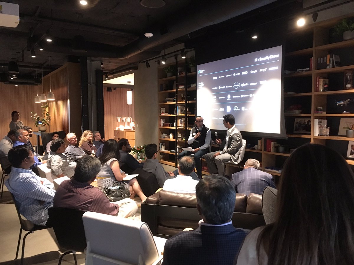 Getting started with the fireside chat portion of our IT+Security dinner. <a href="/sidtriv/">Sid Trivedi</a> interviews <a href="/PayPal/">PayPal</a> CTO <a href="/srishivananda/">Sri Shivananda</a>