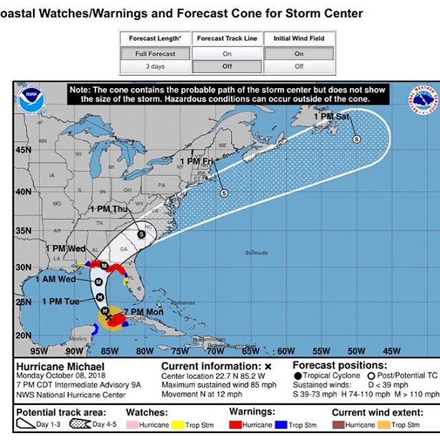 Guess we’re going to take a mid week trip (ie mandatory evacuation) to Alabama tomorrow. This is nuts and hasn’t happened in years in this area. Glad I renewed my flood insurance policy this year. Note that an M stands for Major Hurricane with winds more than 115 MPH.