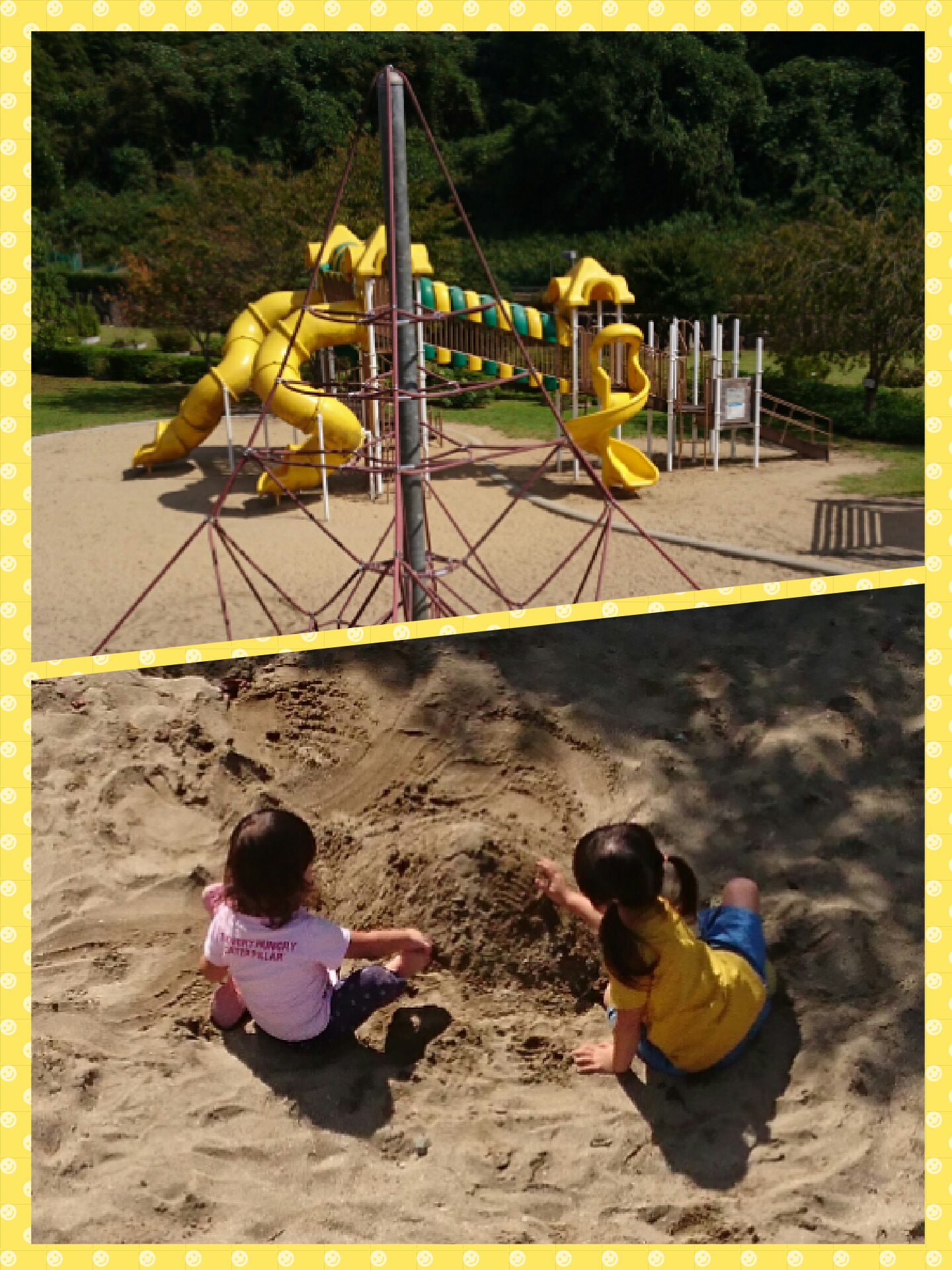 高明 姫路市 桜山公園 通称 へ 砂場で遊ぶ娘たち を写すため 遊具に登る私 この写真にもチラッと 写っているロープの遊具 ザイルクライミング という 名前が格好いい 姫路市 桜山公園 ザイルクライミング ちなみにこの公園の正式名は ダム下大芝生公園