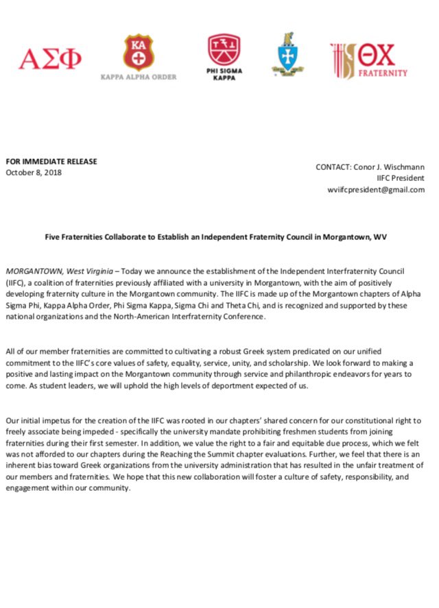 wvgreeklife's tweet photo. This is the official opening statement announcing the establishment of the Independent Interfraternity Council in Morgantown, WV. https://t.co/wT3IemTgOg