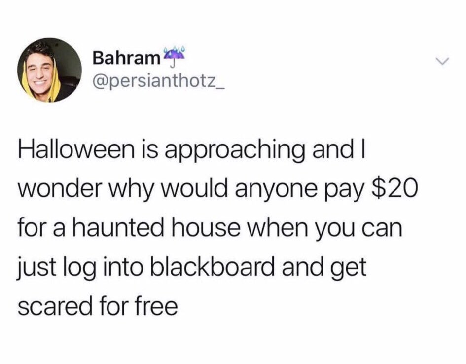 Do you feel this way too? We get it. Blackboard can be a scary place. 

We’ve got an amazing learning hub on campus to help with tutoring, writing, communication, and even time management! Check out The Learning Commons! Dean B. Ellis Library, 1st floor