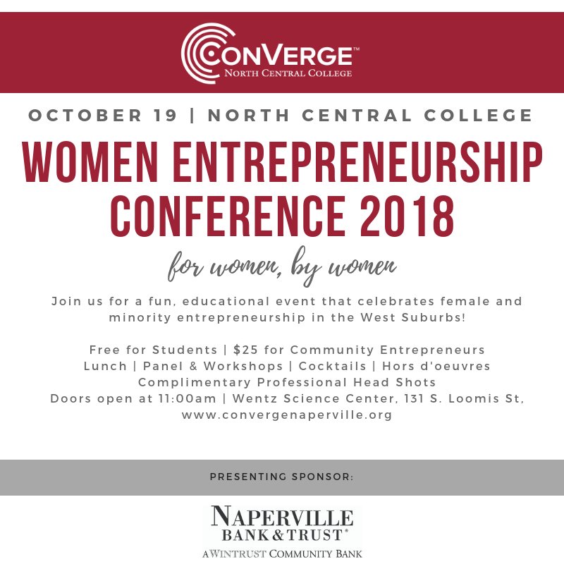 NaperChamber's tweet photo. .@NCCEntrepreneur and @northcentralcol will be hosting a Women Entrepreneurship Conference on 10/19. A great professional development opportunity!  Our own President &amp; CEO @nanderson61 will be serving as a panelist at the event.  https://t.co/KLv7Sv5ILb https://t.co/YHnGuWds6J