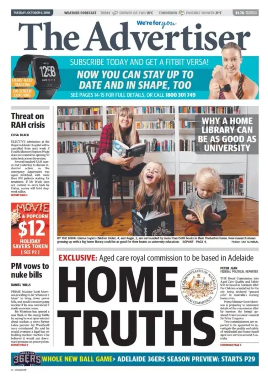 Making front page news in today's <a href="/theTiser/">The Advertiser</a>. A Royal Commission into aged care to be based in #Adelaide. 
bit.ly/2C2lZRu
Plus why elective surgeries at the RAH may be cancelled and PM vows to do "whatever it takes" to bring down power prices #SAParli #FrontPagesToday