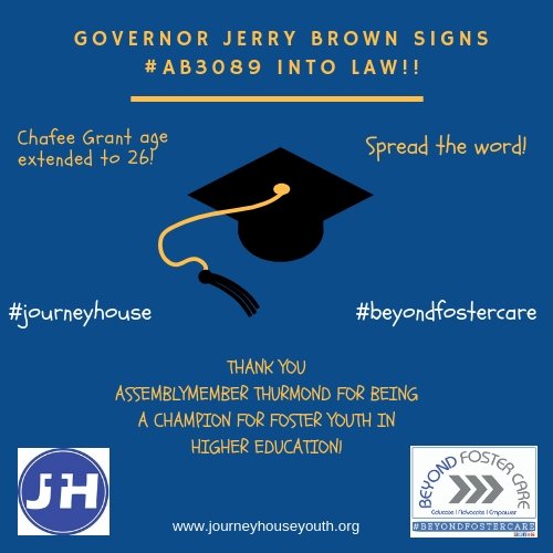 BeyondFoster's tweet image. A big Thank you to @AsmTonyThurmond in getting #AB3089 signed into law.
#JourneyHouse #BeyondFosterCare #Education #Tonythumand #