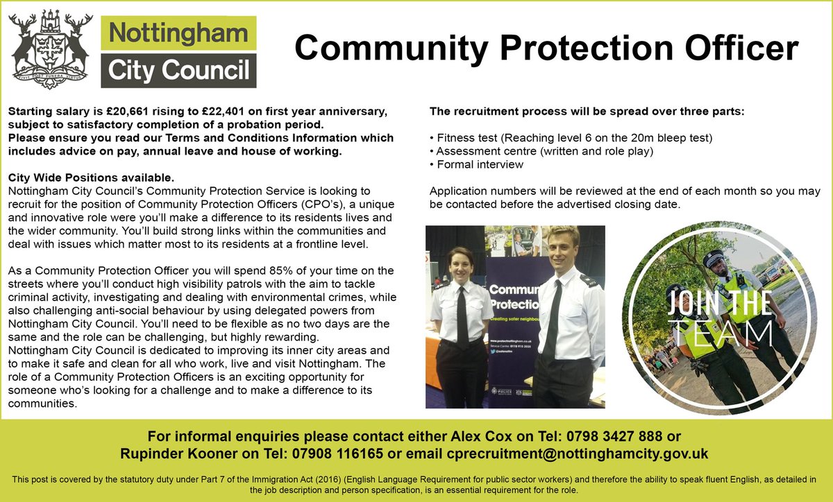 #Nottingham #Jobs Recruiting now COMMUNITY PROTECTION OFFICER @SafeNottm <a href="/MyNottingham/">🏹 My Nottingham</a> apply online nottinghamcity.gov.uk/vacancies